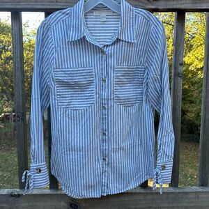 Michael Kors Women’s Striped Button Down Shirt Navy Blue and White Gold Details